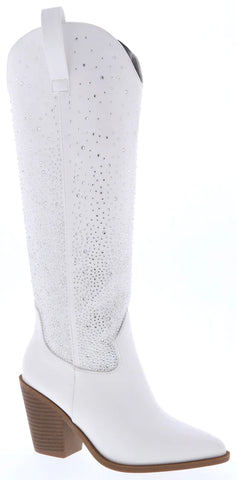 Knee high cowboy boot with a block mid heel and rhinestones
